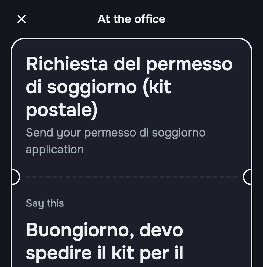 The "At the office" screen: the Italian sentence to say, its English meaning, and a button to show it to the clerk.