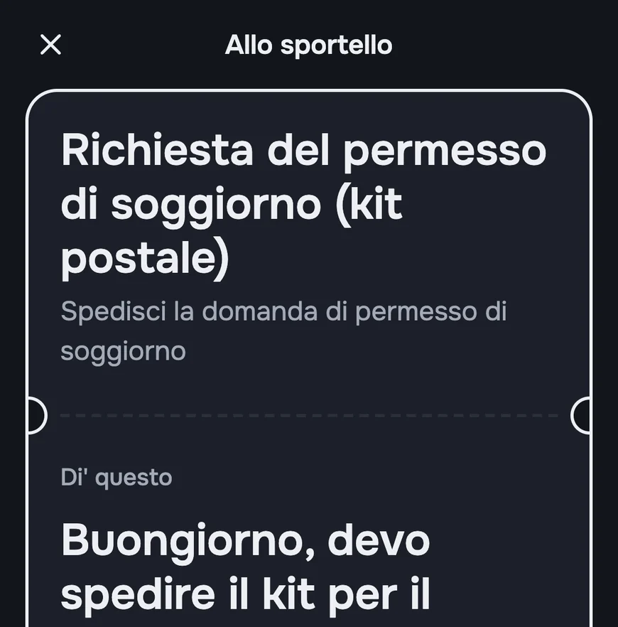 La schermata "Allo sportello": la frase da dire in italiano e un pulsante per mostrarla all'impiegato.
