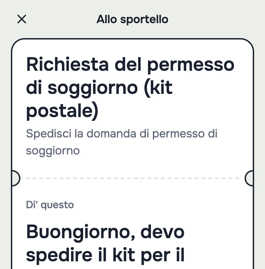La schermata "Allo sportello": la frase da dire in italiano e un pulsante per mostrarla all'impiegato.