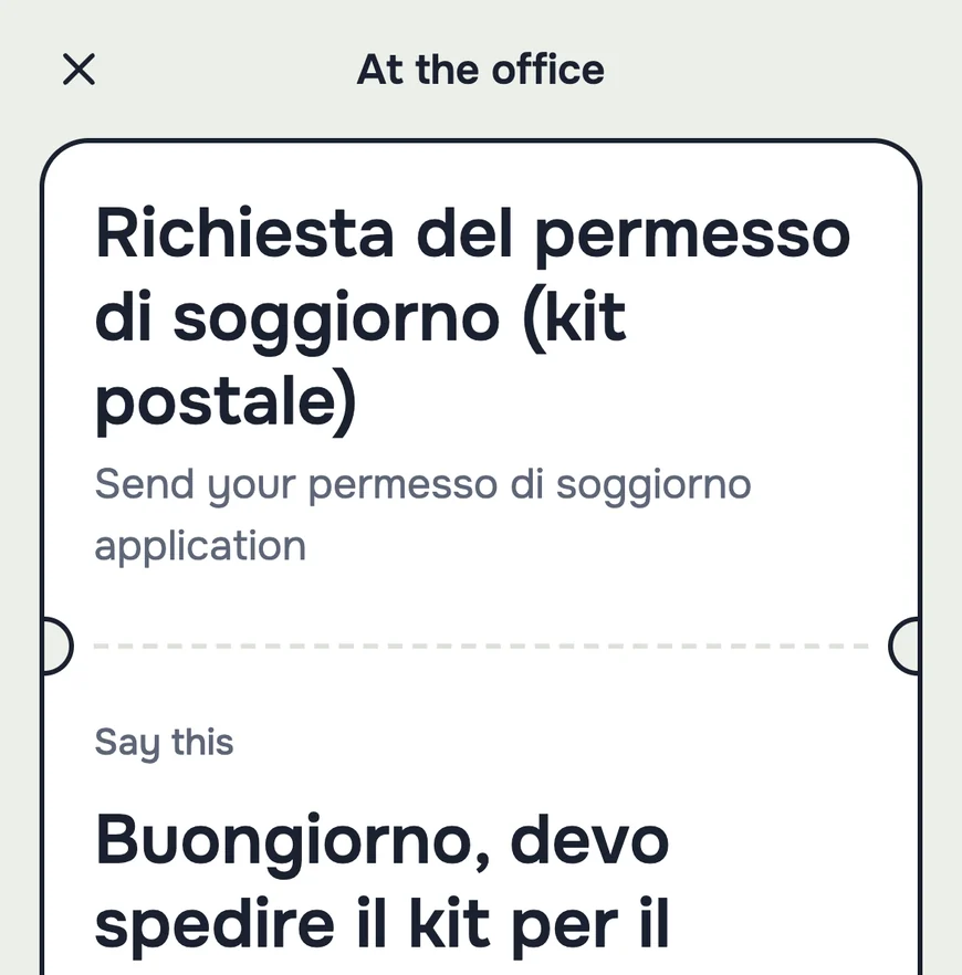 The "At the office" screen: the Italian sentence to say, its English meaning, and a button to show it to the clerk.