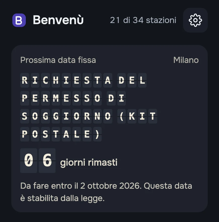 Il tabellone: 6 giorni rimasti per spedire la domanda di permesso di soggiorno, una data stabilita dalla legge.