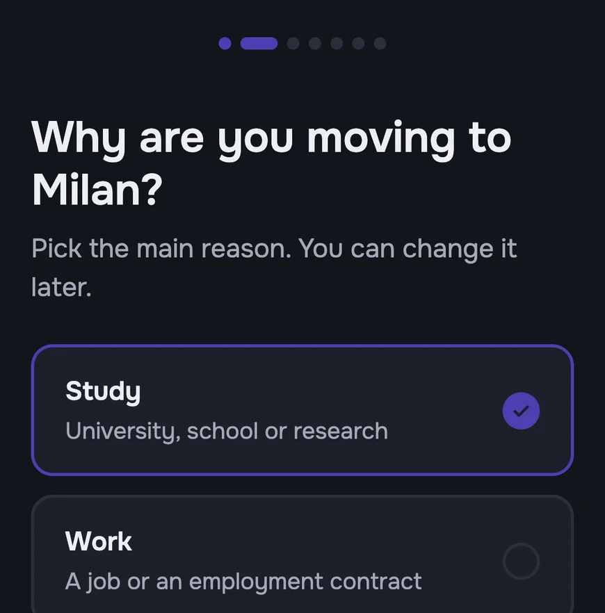 A question in Benvenù: why are you moving? Study is selected.