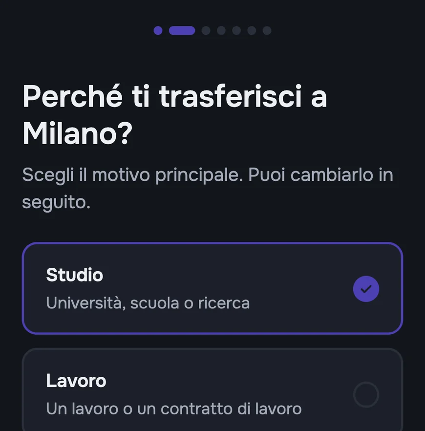 Una domanda di Benvenù: perché ti trasferisci? È selezionato Studio.