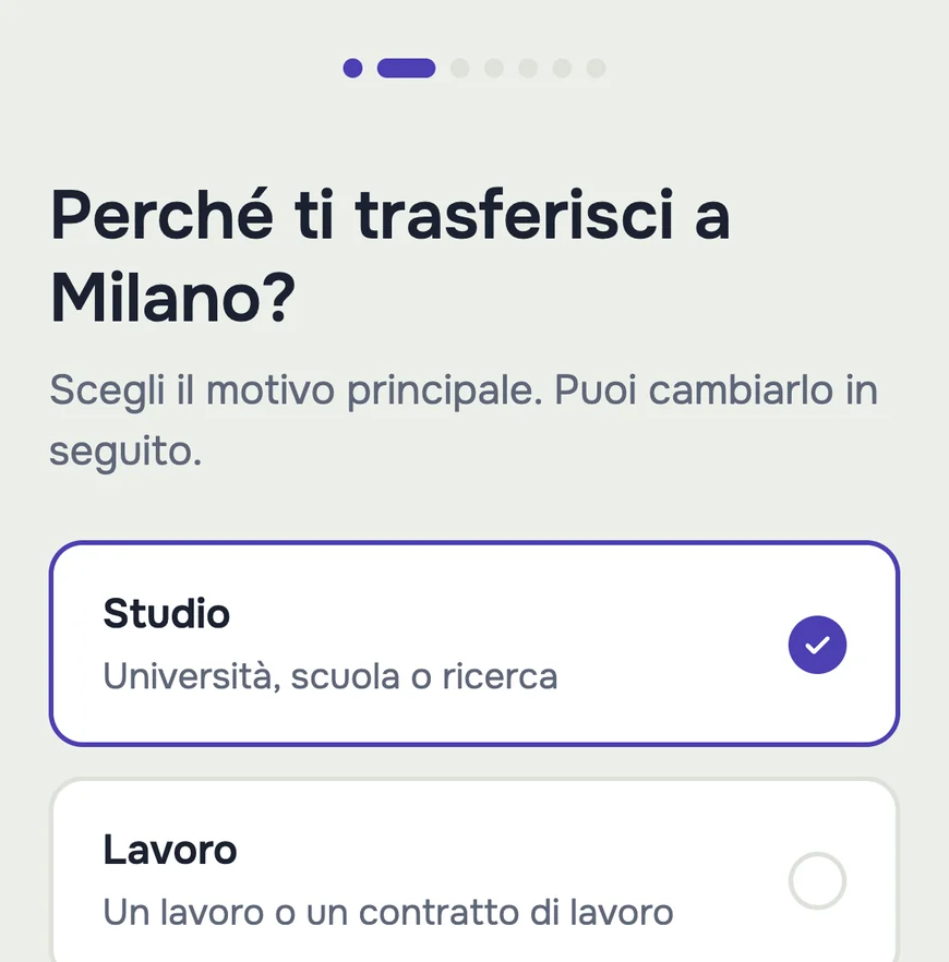 Una domanda di Benvenù: perché ti trasferisci? È selezionato Studio.