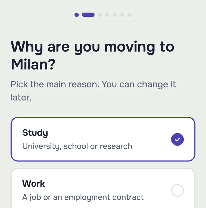 A question in Benvenù: why are you moving? Study is selected.